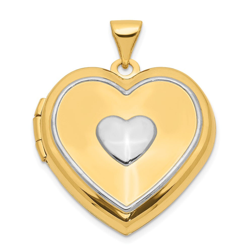 Two-tone w/ White Rhodium Heart w/ Key Charm Inside Heart Locket in 14k Yellow & White Gold