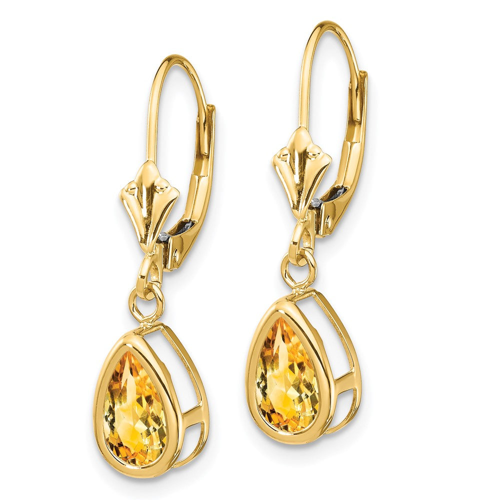 8x5mm Pear Citrine Leverback Earrings in 14k Yellow Gold