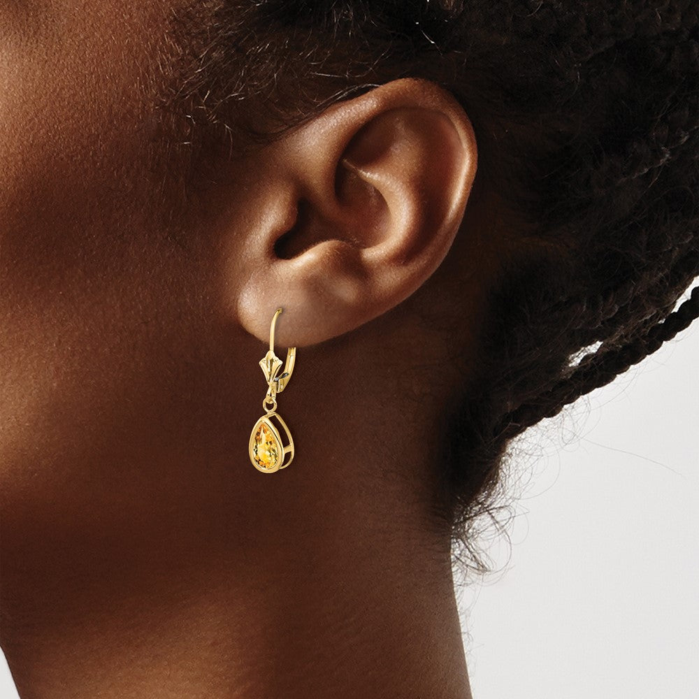 8x5mm Pear Citrine Leverback Earrings in 14k Yellow Gold