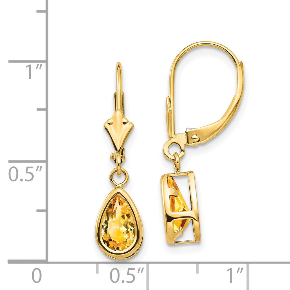 8x5mm Pear Citrine Leverback Earrings in 14k Yellow Gold