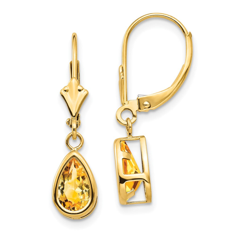 8x5mm Pear Citrine Leverback Earrings in 14k Yellow Gold