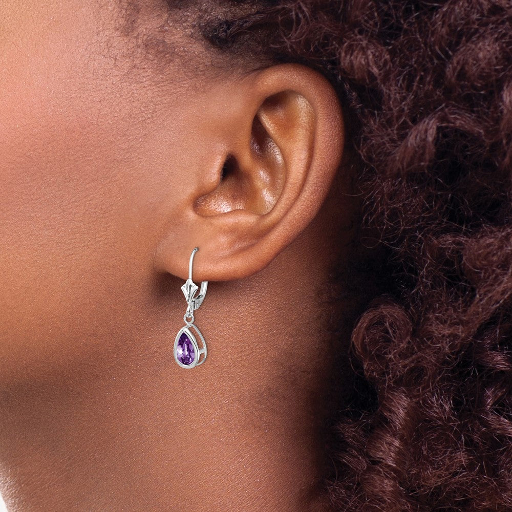 8x5mm Pear Amethyst Leverback Earrings in 14k White Gold