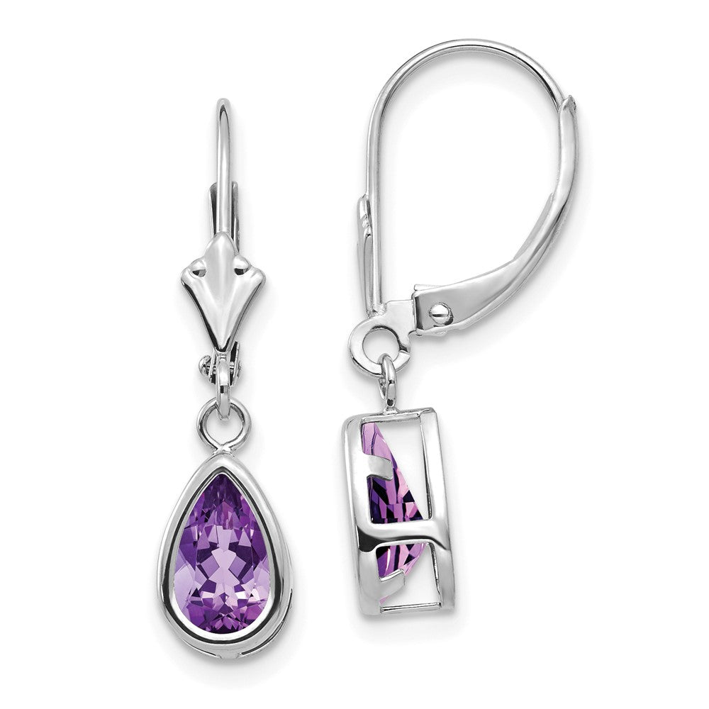 8x5mm Pear Amethyst Leverback Earrings in 14k White Gold