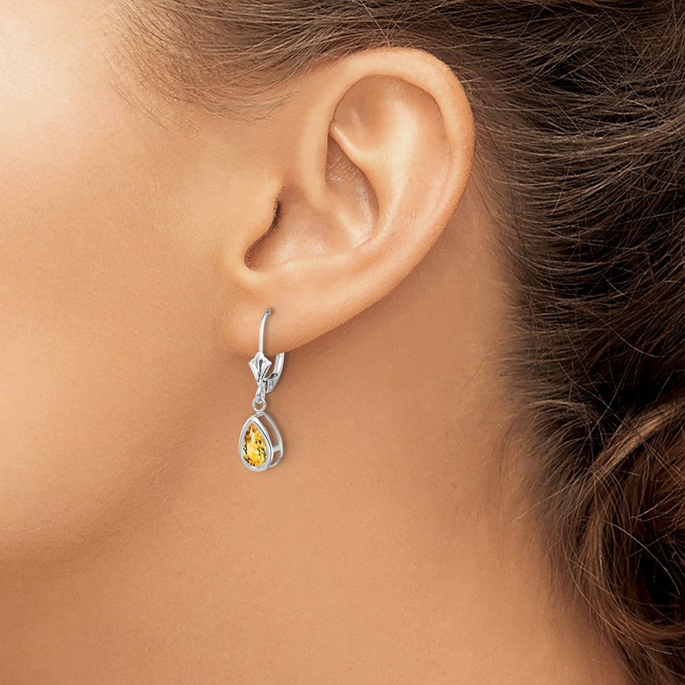 8x5mm Pear Citrine Leverback Earrings in 14k White Gold