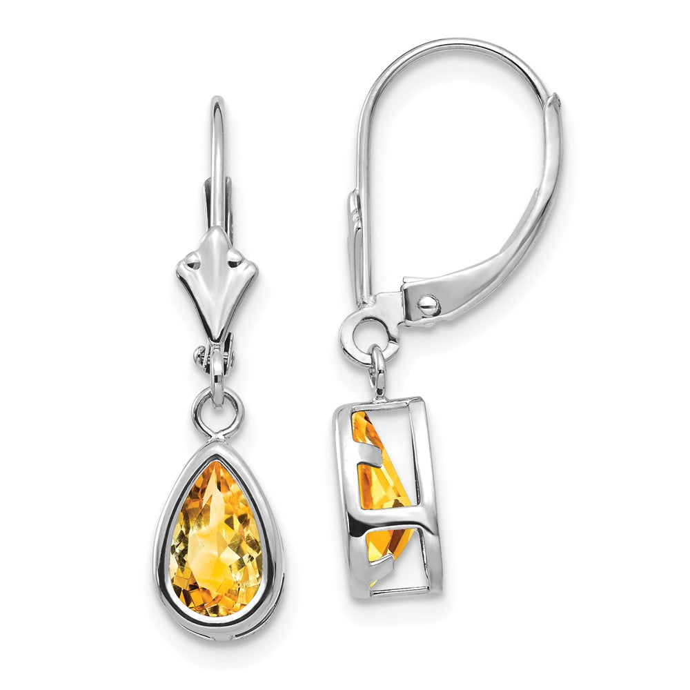 8x5mm Pear Citrine Leverback Earrings in 14k White Gold