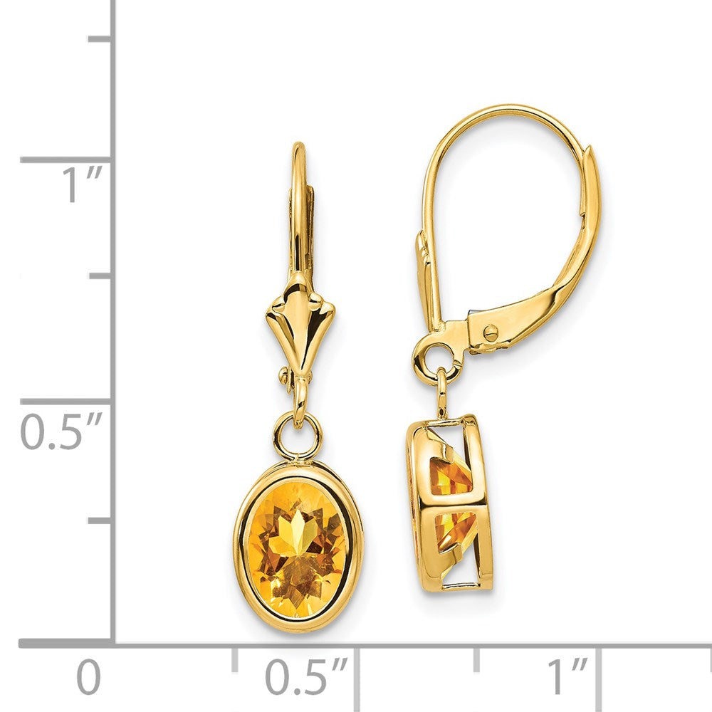 8x6mm Oval Citrine Leverback Earrings in 14k Yellow Gold