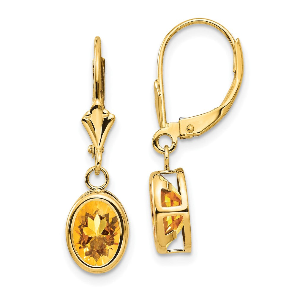 8x6mm Oval Citrine Leverback Earrings in 14k Yellow Gold