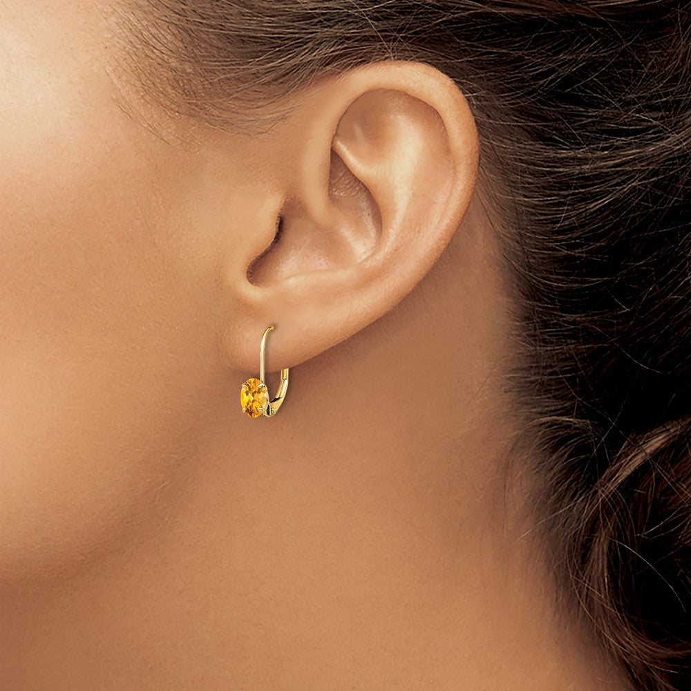 6x4mm Oval Citrine Leverback Earrings in 14k Yellow Gold