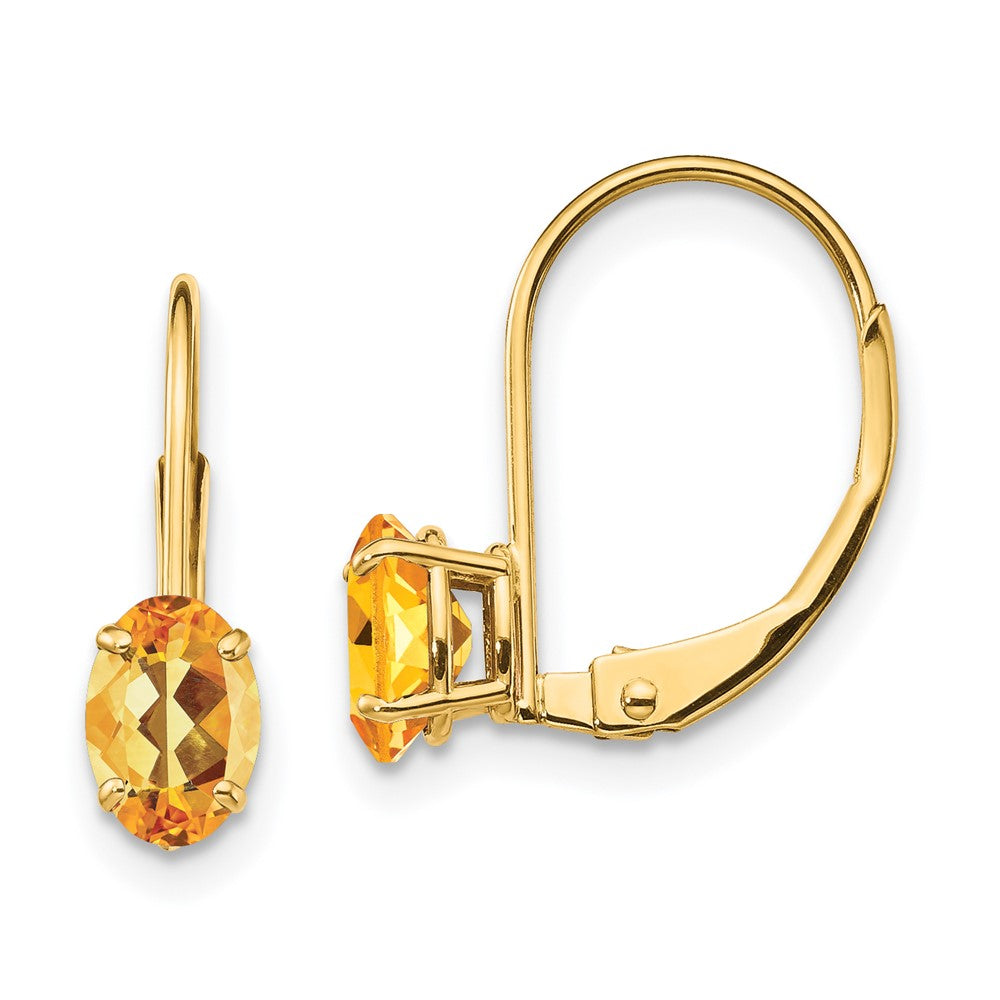 6x4mm Oval Citrine Leverback Earrings in 14k Yellow Gold