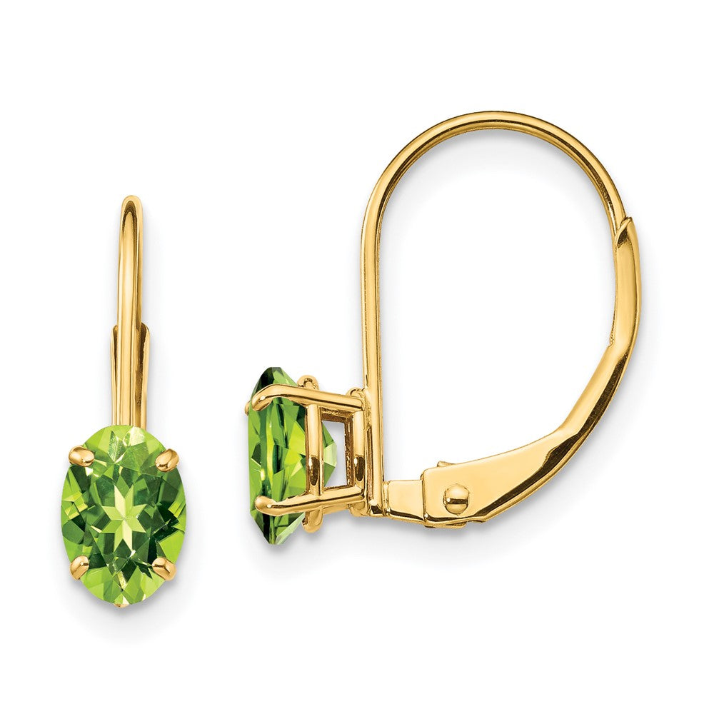6x4mm Oval Peridot Leverback Earrings in 14k Yellow Gold