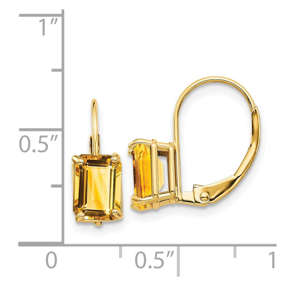 7x5mm Emerald Cut Citrine Leverback Earrings in 14k Yellow Gold