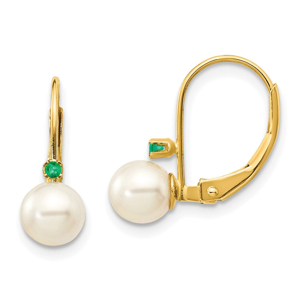 5-5.5mm White Round Freshwater Cultured Pearl Emerald Leverback Earrings in 14k Yellow Gold