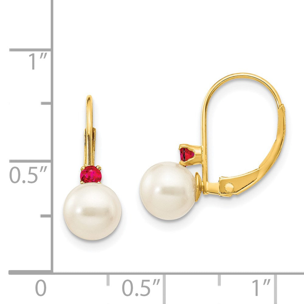 6-6.5mm White Round Freshwater Cultured Pearl Ruby Leverback Earrings in 14k Yellow Gold