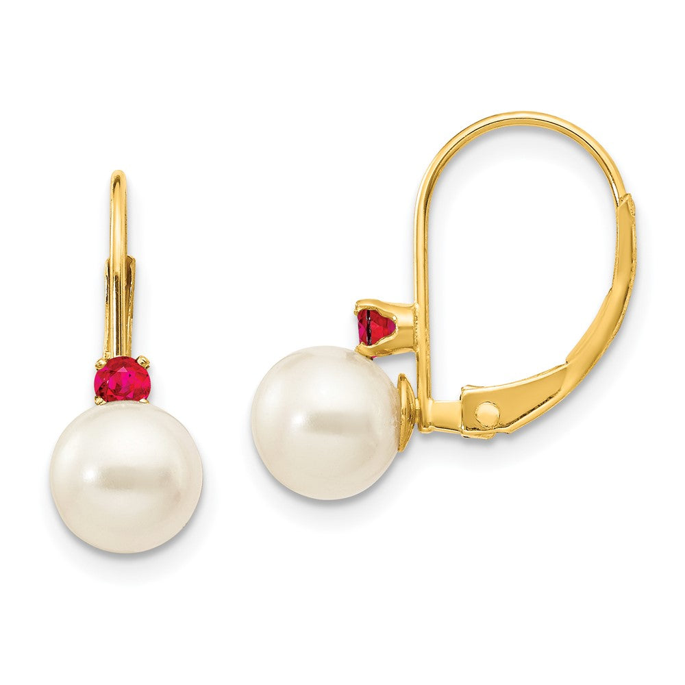 6-6.5mm White Round Freshwater Cultured Pearl Ruby Leverback Earrings in 14k Yellow Gold