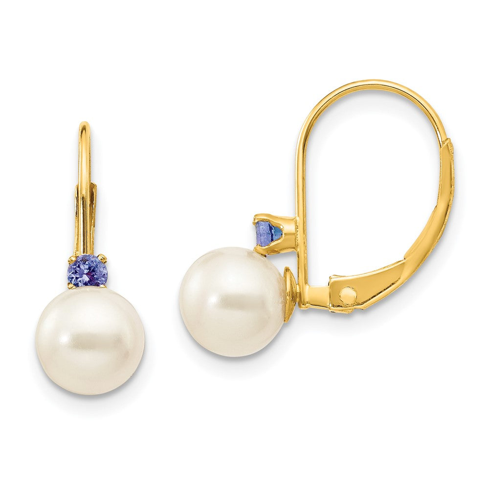 6-6.5mm White Round Freshwater Cultured Pearl Tanzanite Leverback Earrings in 14k Yellow Gold
