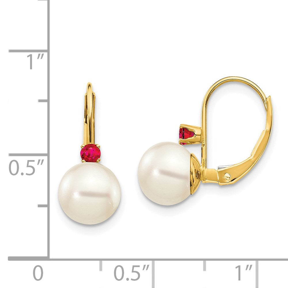 7-7.5mm White Round Freshwater Cultured Pearl Ruby Leverback Earrings in 14k Yellow Gold
