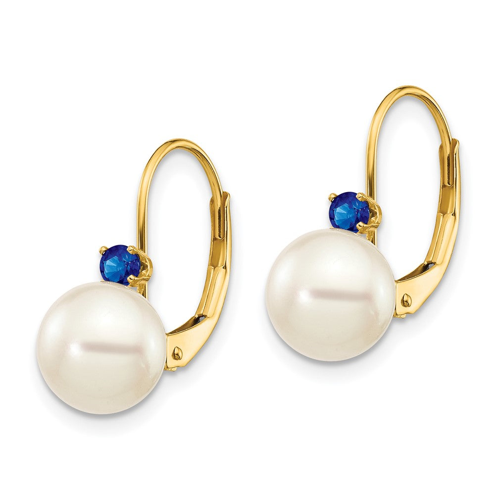 7-7.5mm White Round Freshwater Cultured Pearl Sapphire Leverback Earrings in 14k Yellow Gold