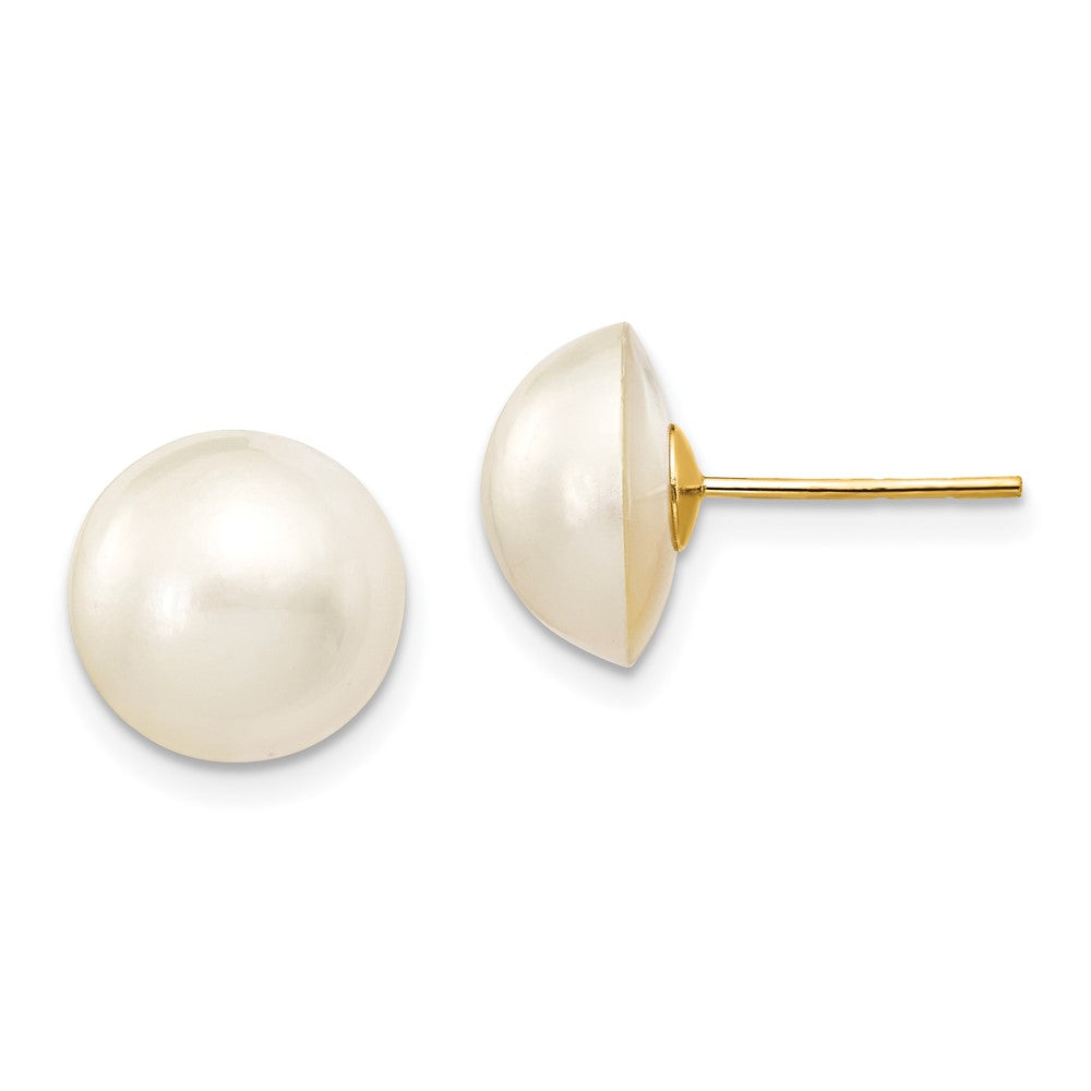 10-11mm White Freshwater Cultured Mabe Pearl Post Earrings in 14k Yellow Gold