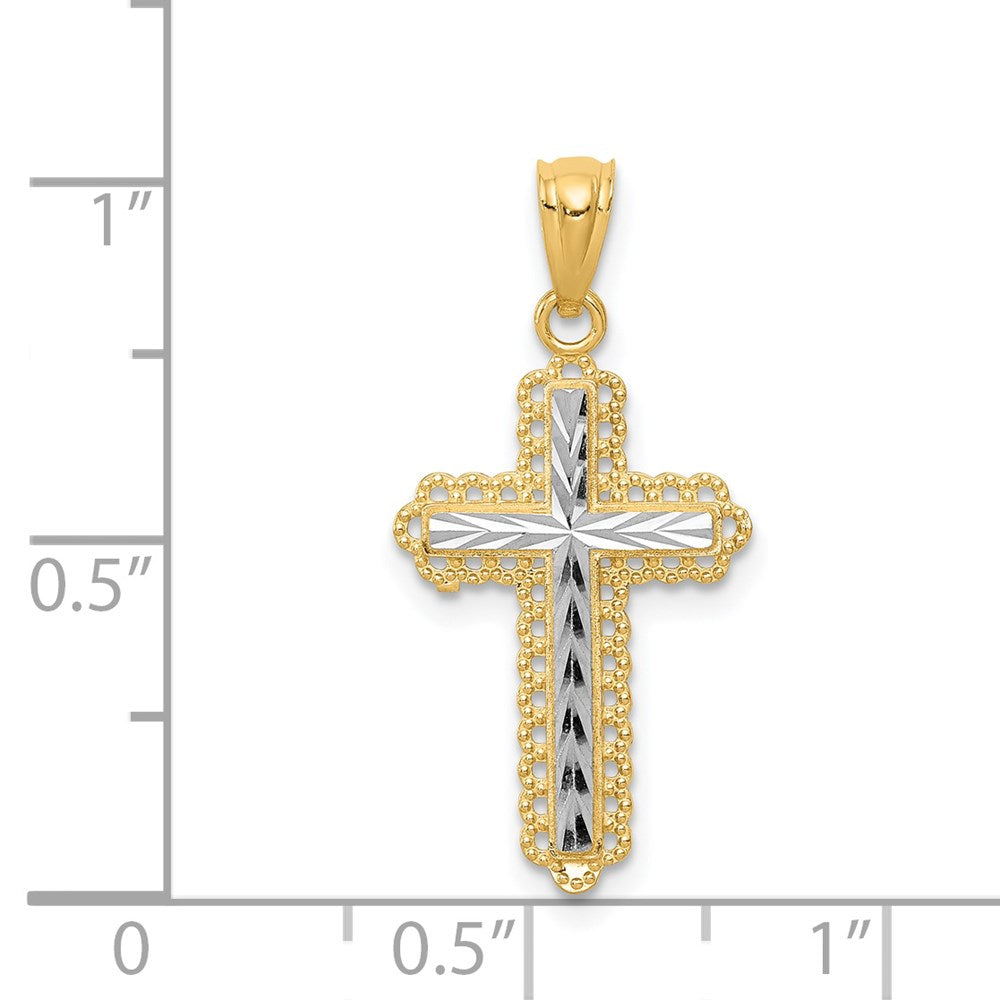 Diamond Cut Cross Pendant in Rhodium-Plated 14k Yellow Gold