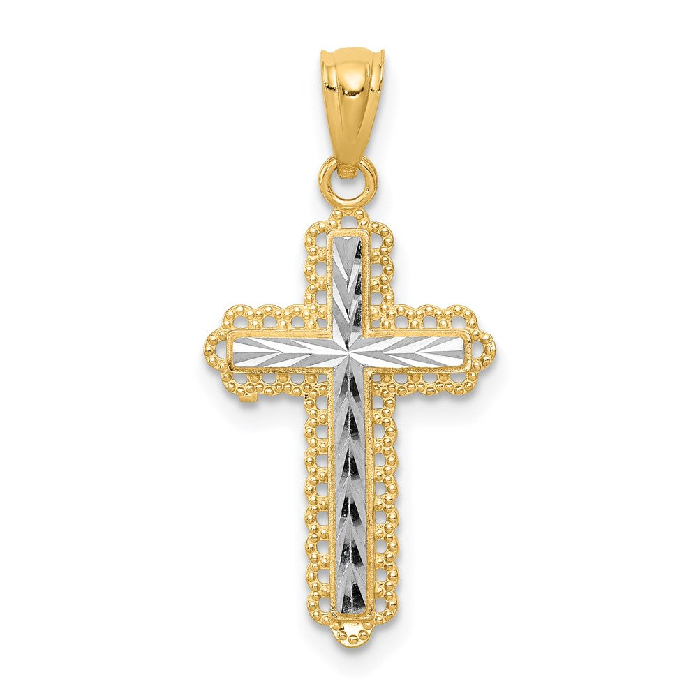 Diamond Cut Cross Pendant in Rhodium-Plated 14k Yellow Gold