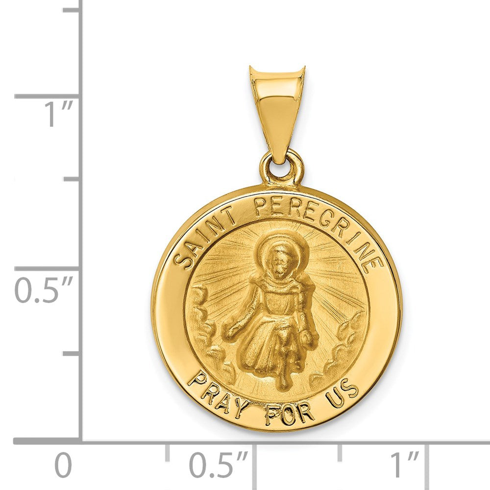Polished & Satin St Peregrine Medal Hollow Pendant in 14k Yellow Gold
