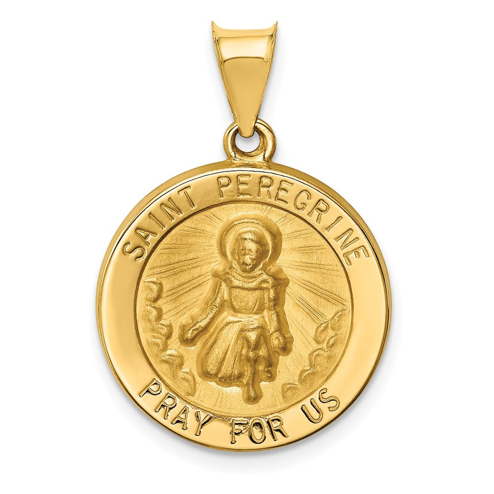 Polished & Satin St Peregrine Medal Hollow Pendant in 14k Yellow Gold