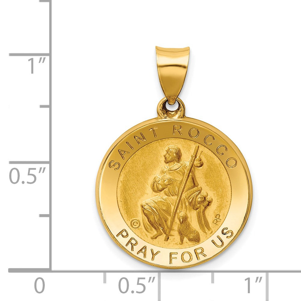 Polished / Satin St. Rocco Hollow Medal Pendant in 14k Yellow Gold