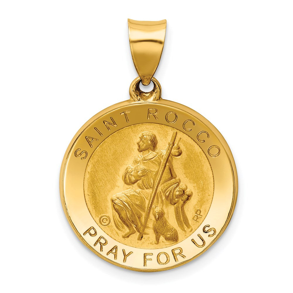 Polished / Satin St. Rocco Hollow Medal Pendant in 14k Yellow Gold