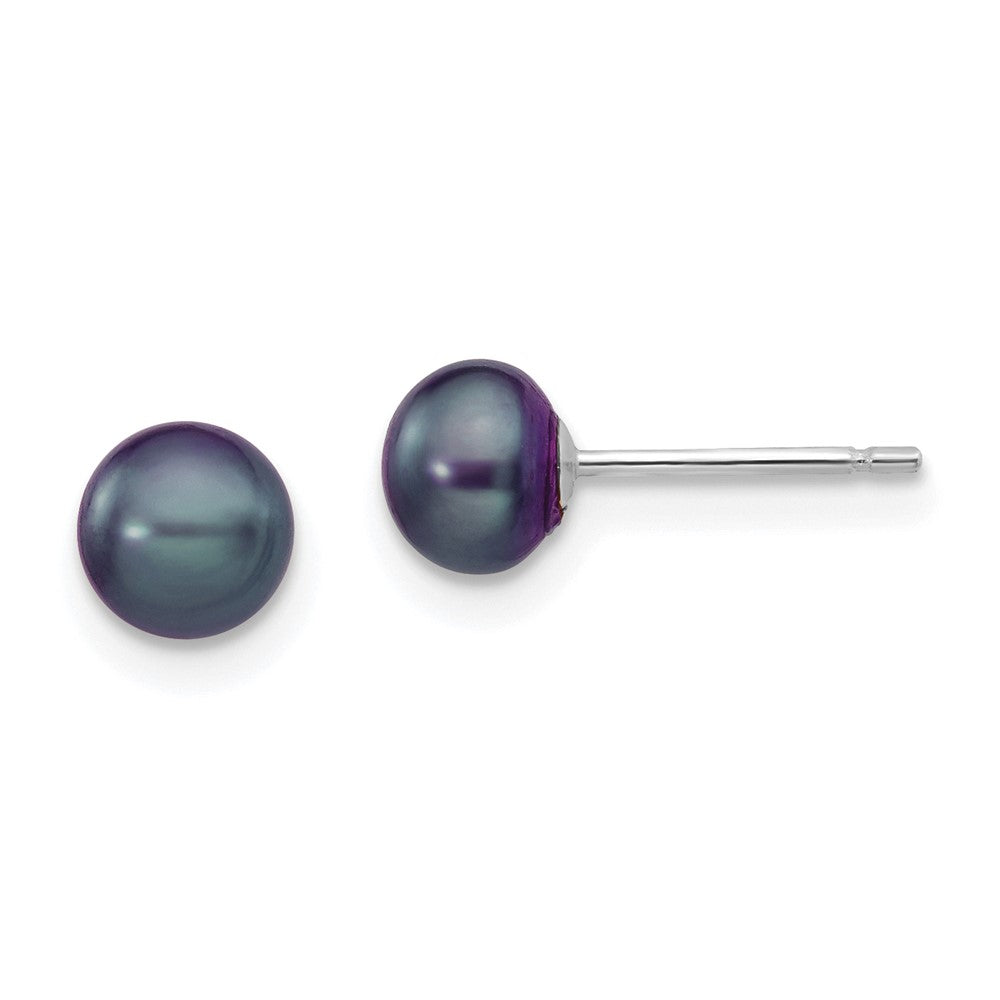 5-6mm Black Button Freshwater Cultured Pearl Stud Post Earrings in 14k White Gold