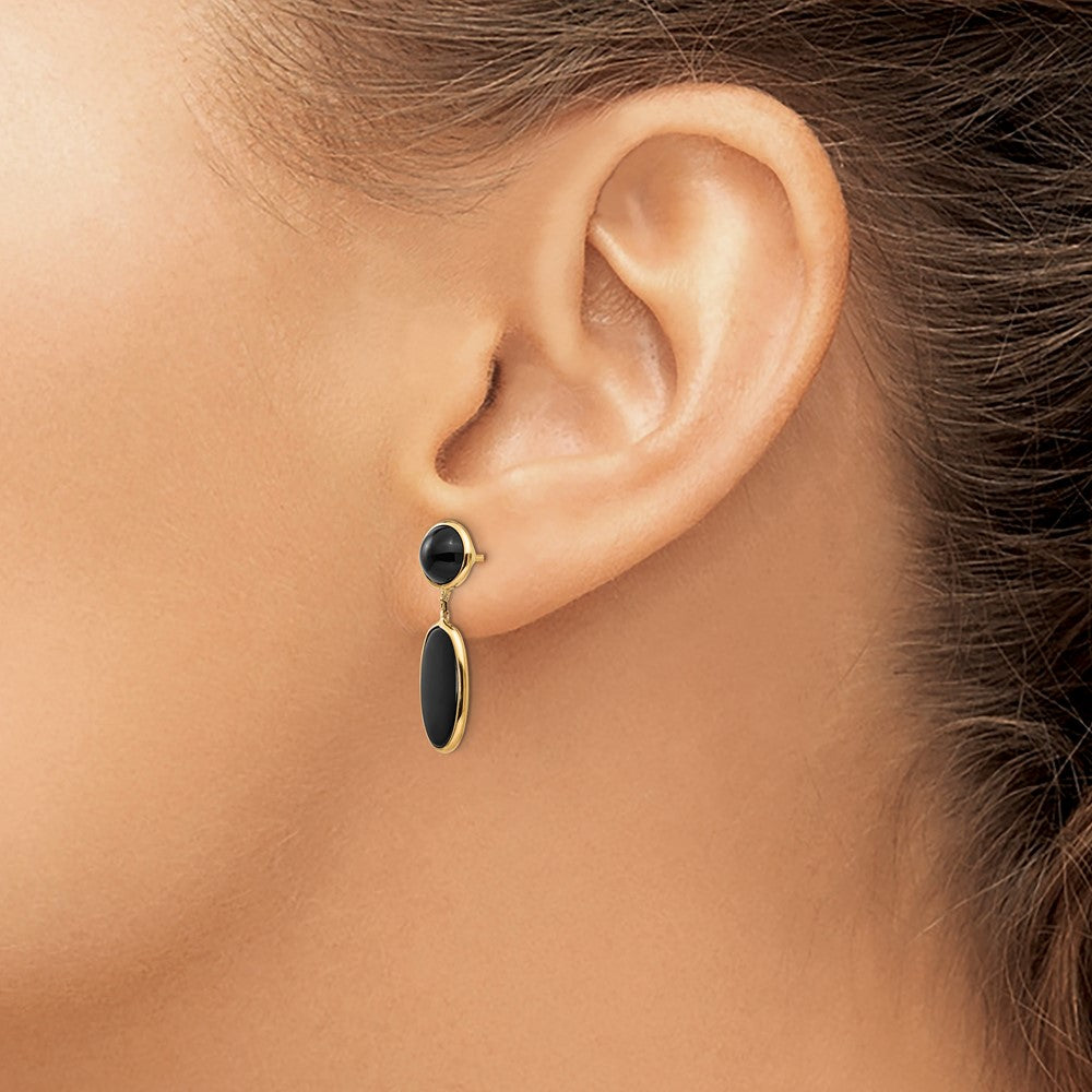 Onyx Oval Dangle Post Earrings in 14k Yellow Gold