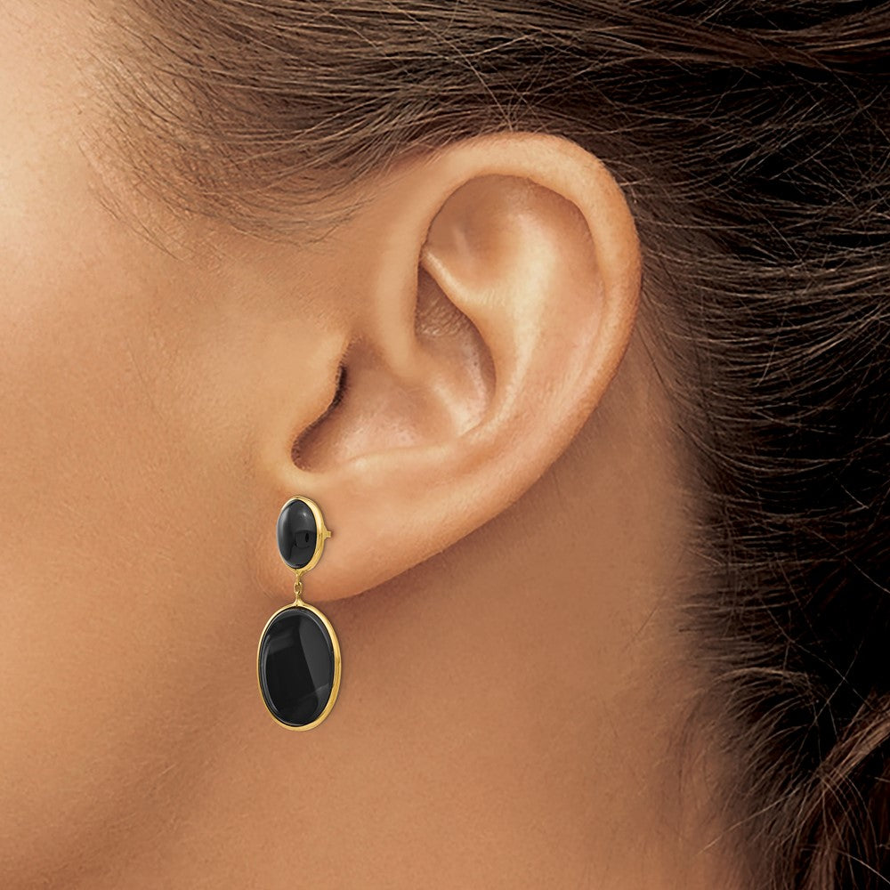 Onyx Oval Dangle Earrings in 14k Yellow Gold