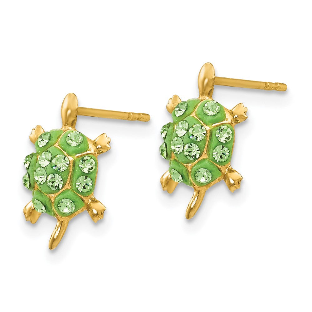 Light Green Crystal Turtle Post Earrings in 14k Yellow Gold