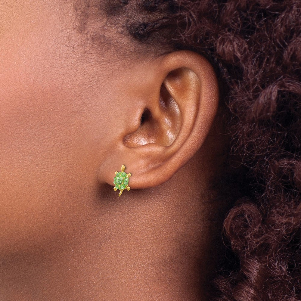 Light Green Crystal Turtle Post Earrings in 14k Yellow Gold