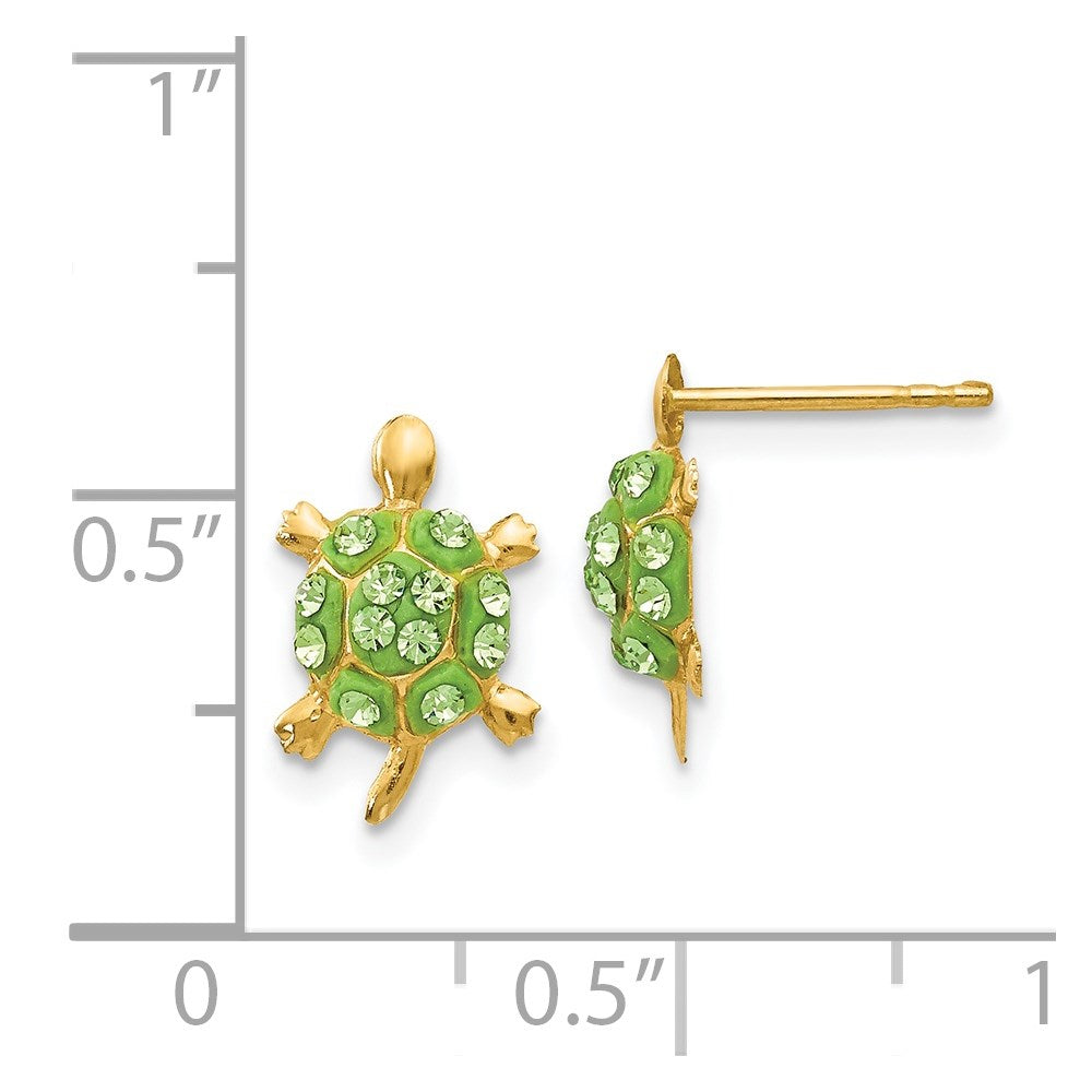 Light Green Crystal Turtle Post Earrings in 14k Yellow Gold
