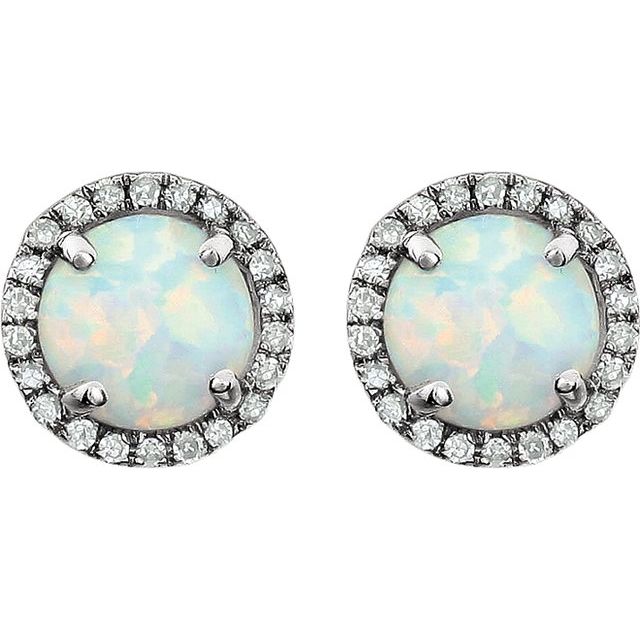 Round Lab-Grown White Opal & 1/8 CTW Natural Diamond Earrings
