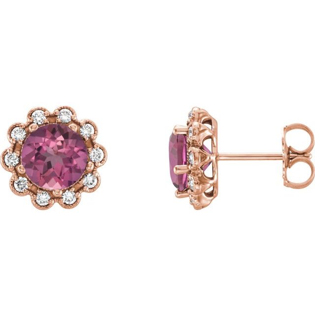 Round 3.25mm Natural Pink Tourmaline & 1/8 CTW Natural Diamond Earrings