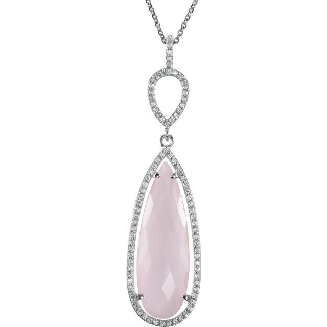 Pear Natural Rose Quartz & 3/8 CTW Natural Diamond Halo-Style Necklace