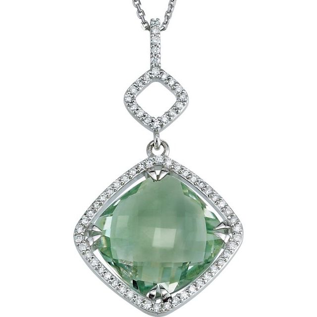 Cushion Natural Green Quartz & 1/3 CTW Diamond Necklace