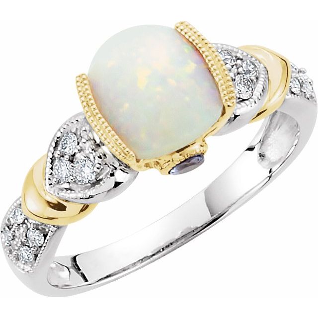 Cushion 14K White/Yellow Natural White Opal, Natural Tanzanite & 1/6 CTW Natural Diamond Ring