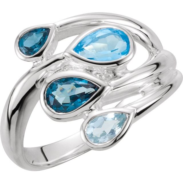 Pear Natural Sky Blue Topaz, Natural London Blue & Natural Swiss Blue Bypass Ring
