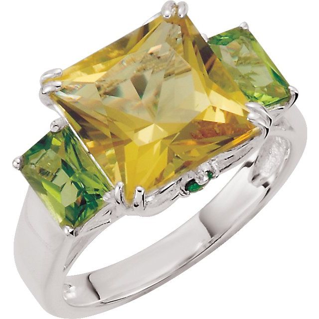 Square Natural Lime Quartz, Natural Peridot & Natural Chrome Diopside Ring