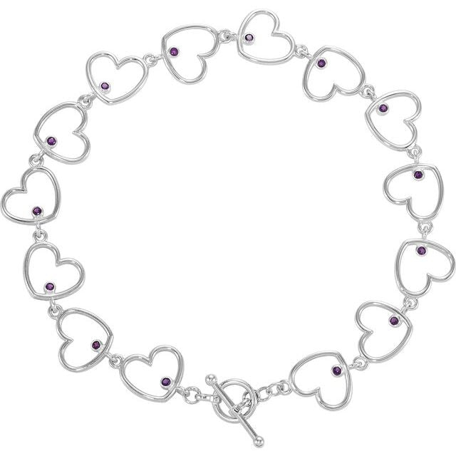 Round Amethyst Heart Link 8" Bracelet
