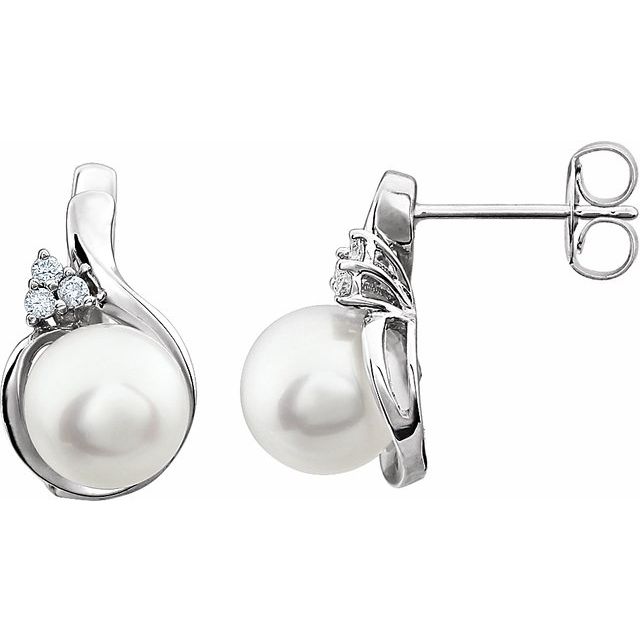 Cultured White Freshwater Pearl & .08 CTW Natural Diamond Earrings