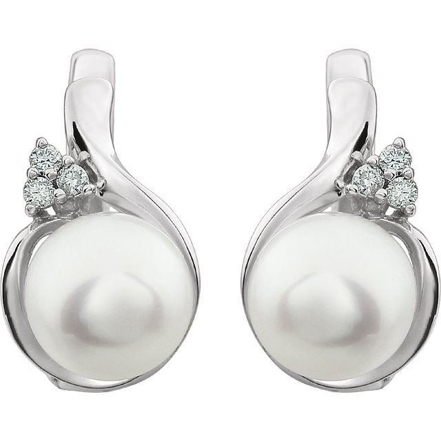 Cultured White Freshwater Pearl & .08 CTW Natural Diamond Earrings