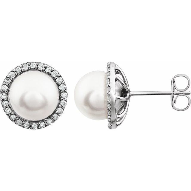 Cultured White Freshwater Pearl  & 1/4 CTW Natural Diamond Earrings