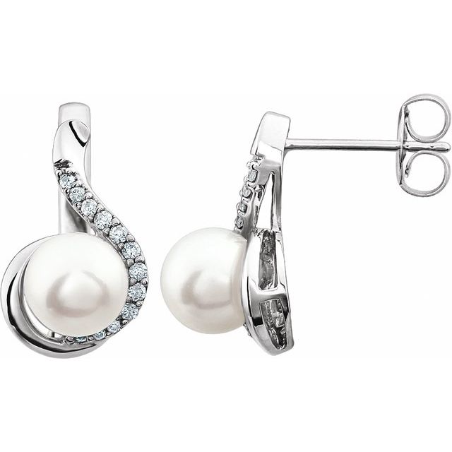 Cultured White Freshwater Pearl  & 1/5 CTW Natural Diamond Earrings