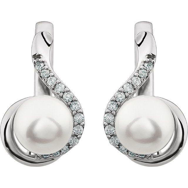 Cultured White Freshwater Pearl  & 1/5 CTW Natural Diamond Earrings