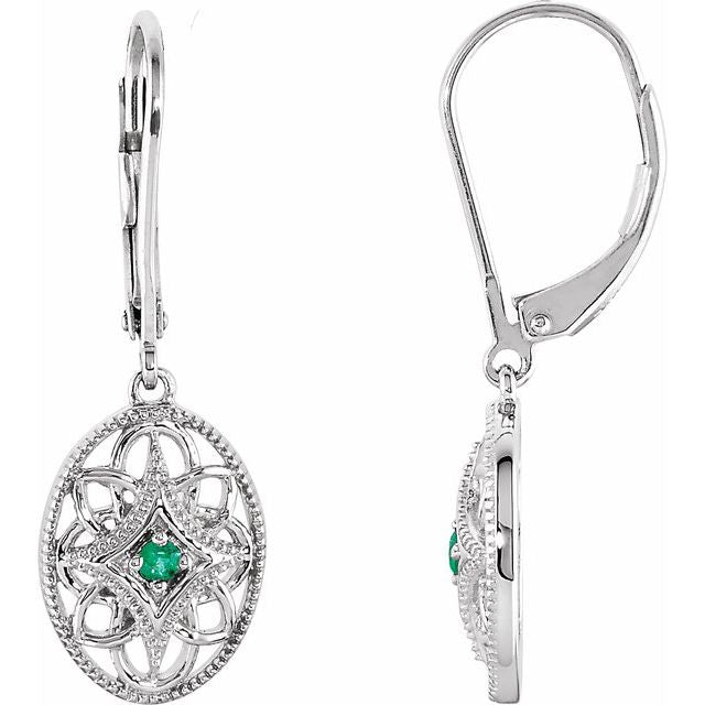 Round Natural Emerald Lever Back Earrings