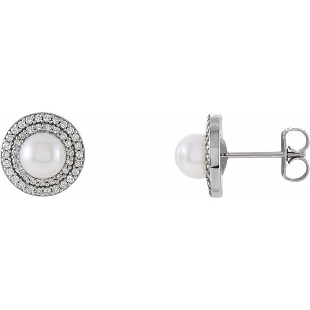 Cultured White Freshwater Pearl  & 1/5 CTW Natural Diamond Earrings