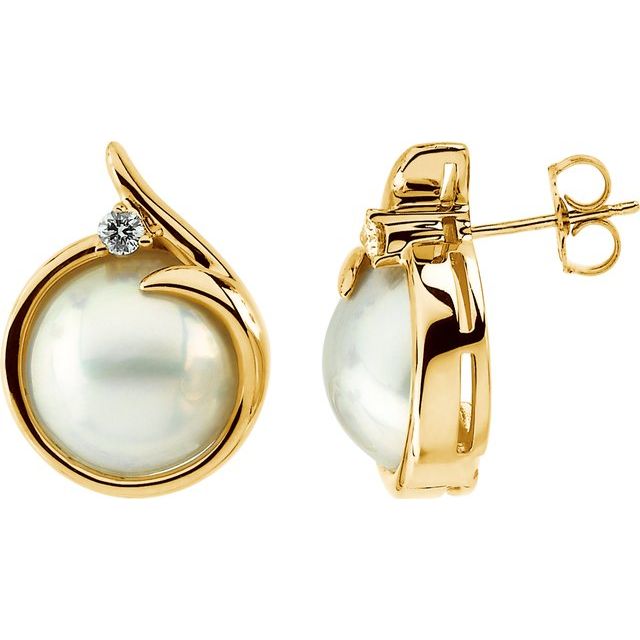 Cultured White Mabe Pearl & 1/8 CTW Natural Diamond Earrings